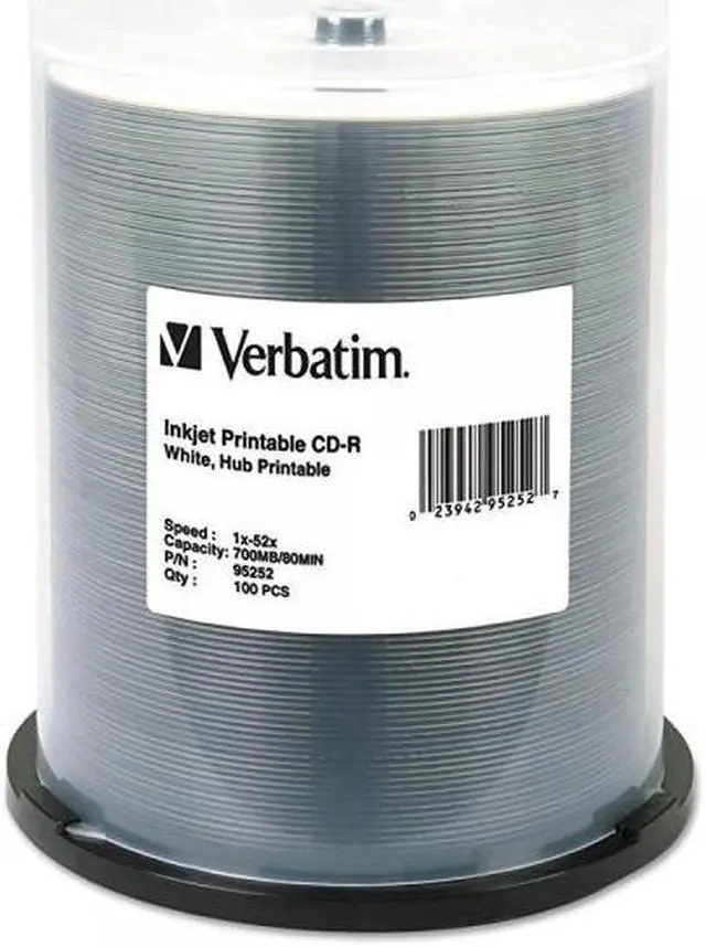 Main image of Verbatim 700MB 52x 80 Minute White Inkjet and Hub Printable Recordable Disc CD-R, 100-Disc Spindle 95252