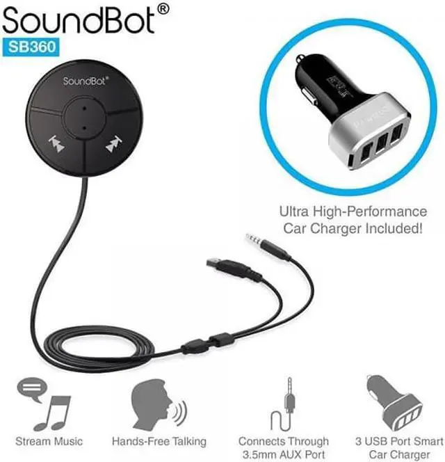 Alt view image 7 of 10 - SoundBot SB360 25.5W Bluetooth 4.0 Car Kit Hands-Free Wireless Talking & Music Streaming Dongle w/ High-Performance USB Car Charger + Magnetic Mounts + Built-in 3.5mm Aux Cable
