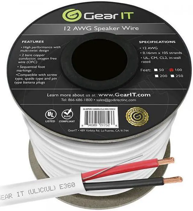 Main image of 12 AWG CL2 OFC In Wall Speaker Wire, GearIT Pro Series 12 AWG Gauge (100 Feet / 30.48 Meters / White) OFC Oxygen Free Copper UL CL2 Rated In-Wall Speaker Wire Cable for Home Theater and Car Audio