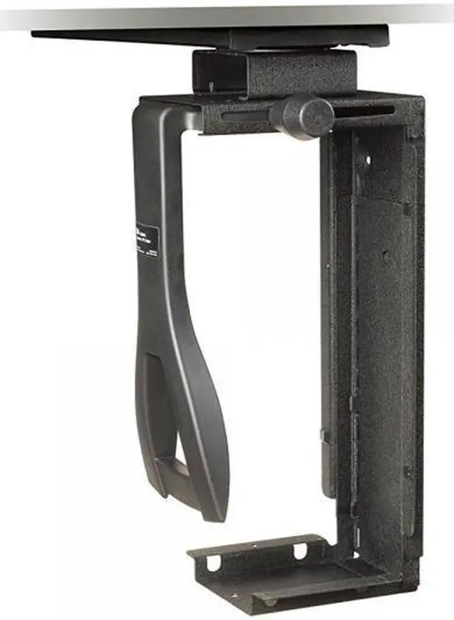 Main image of 3M Under-desk CPU Holder, Width adjusts from 3.5" to 9.3" and height adjusts from 12.5" to 22.5" to fit most CPU's up to 50 lbs, 360° Swivel, Steel Construction, 17" Track, Black, (CS200MB)