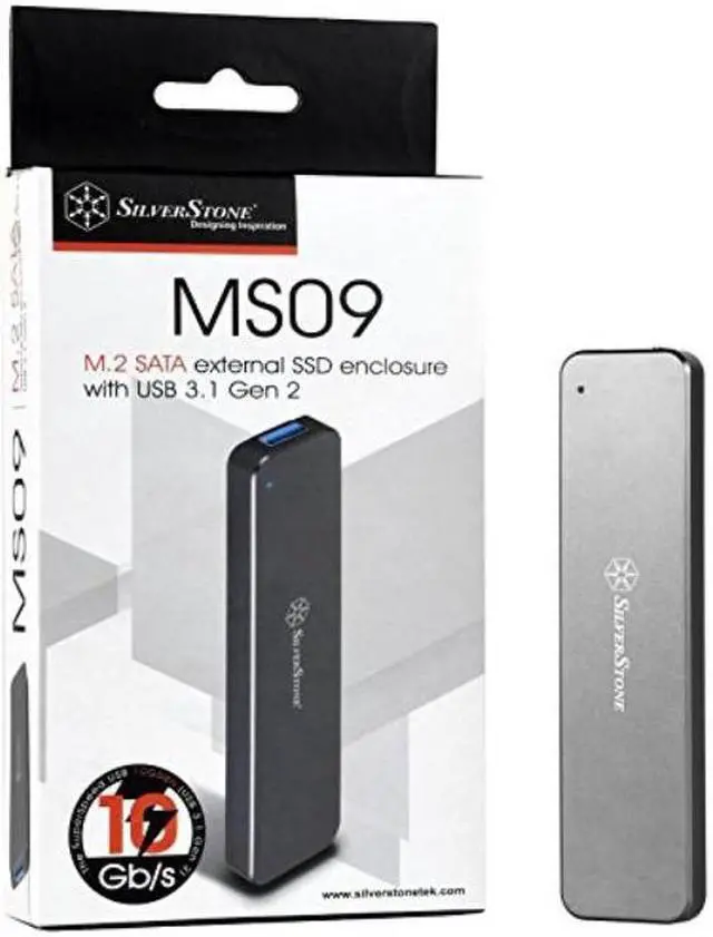 Main image of silverstone technology m.2 sata ssd to usb 3.1 gen 2 enclosure with retractable aluminum usb typea housing in charcoal gray ms09b