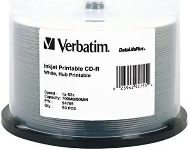 Main image of verbatim cdr 700mb 52x datalifeplus white inkjet printable, hub printable, 50disc spindle 94755