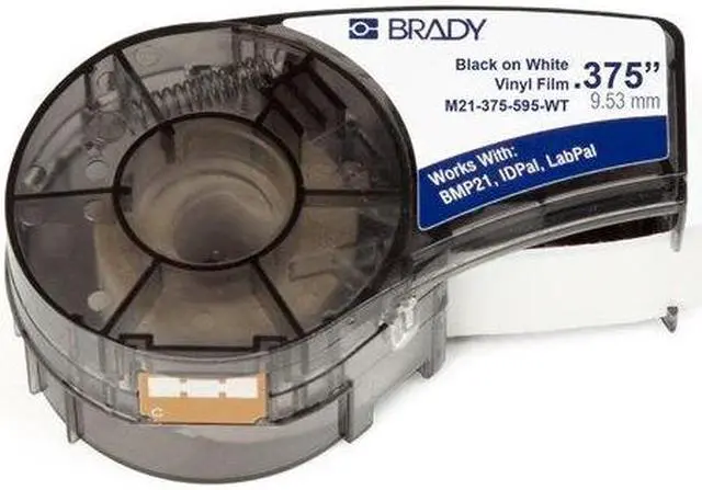 Main image of brady high adhesion vinyl label tape m71c2000595wt black on white vinyl film compatible with bmp21plus, idpal, and labpal label printers 21' length, .375" width