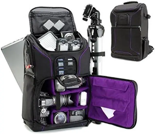 Alt view image 2 of 9 - Digital SLR Camera Backpack (Purple) with 15.6" Laptop Compartment by USA Gear features Padded Custom Dividers , Tripod Holder , Rain Cover and Storage for DSLR Cameras by Nikon , Canon , Sony