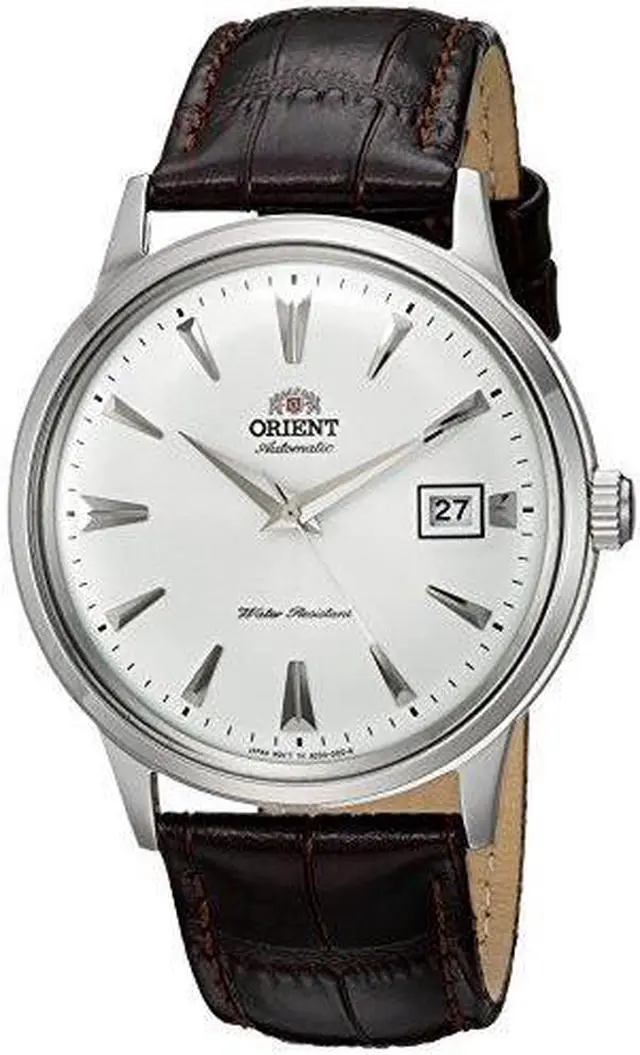 Main image of orient men's '2nd gen. bambino ver. 1' japanese automatic stainless steel and leather dress watch, color:brown model: fac00005w0