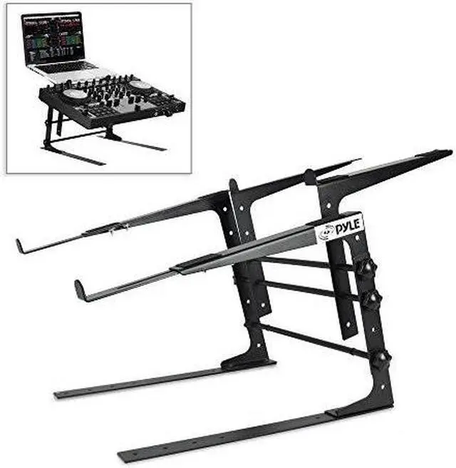 Main image of pyle portable dual laptop stand  universal standing table with adjustable height, ergonomic design & antislip prongs for dj mixer, sound equipment, workstation, gaming & home use  plpts38