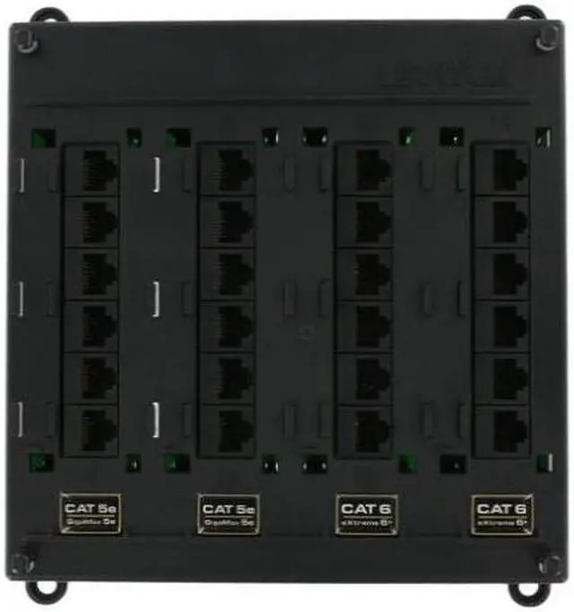 Main image of leviton 476tm654 twist and mount patch panel, 12 cat 5e ports and 12 cat 6 ports