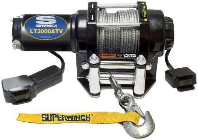 Main image of superwinch 1130220 lt3000atv 12 vdc winch 3,000lbs/1360kg with roller fairlead, mount plate, handlebar rocker switch, and handheld remote