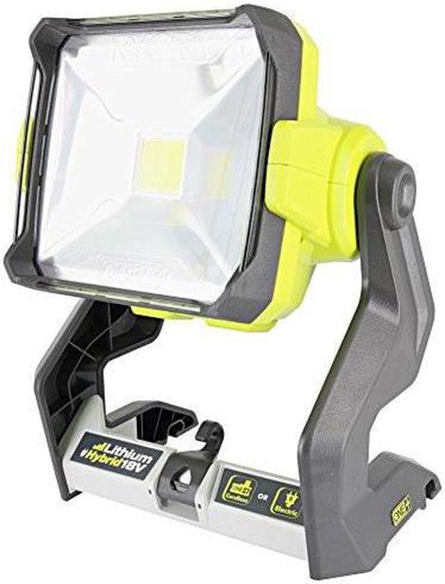 ryobi p721 one+ 1,800 lumen 18v hybrid ac and lithium ion powered flat  standing led work light with onboard mounting options battery and extension  cord not included, light only 