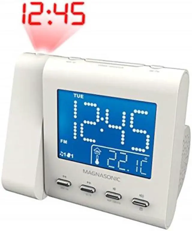 Alt view image 7 of 13 - Magnasonic Projection Alarm Clock with AM/FM Radio, Battery Backup, Auto Time Set, Dual Alarm, Nap/Sleep Timer, Indoor Temperature/ Date Display with Dimming & 3.5mm Audio Input - White (EAAC601W)