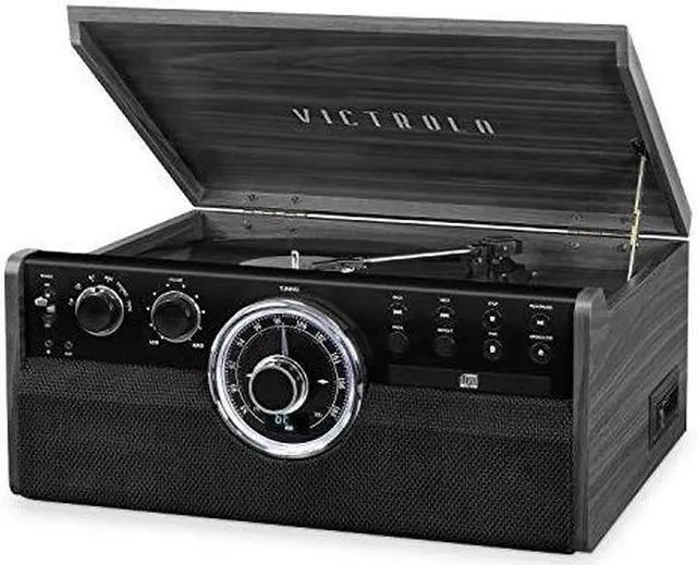 Alt view image 4 of 10 - Victrola 6-in-1 Wood Bluetooth Mid Century Record Player with 3-Speed Turntable, CD, Cassette Player and Radio