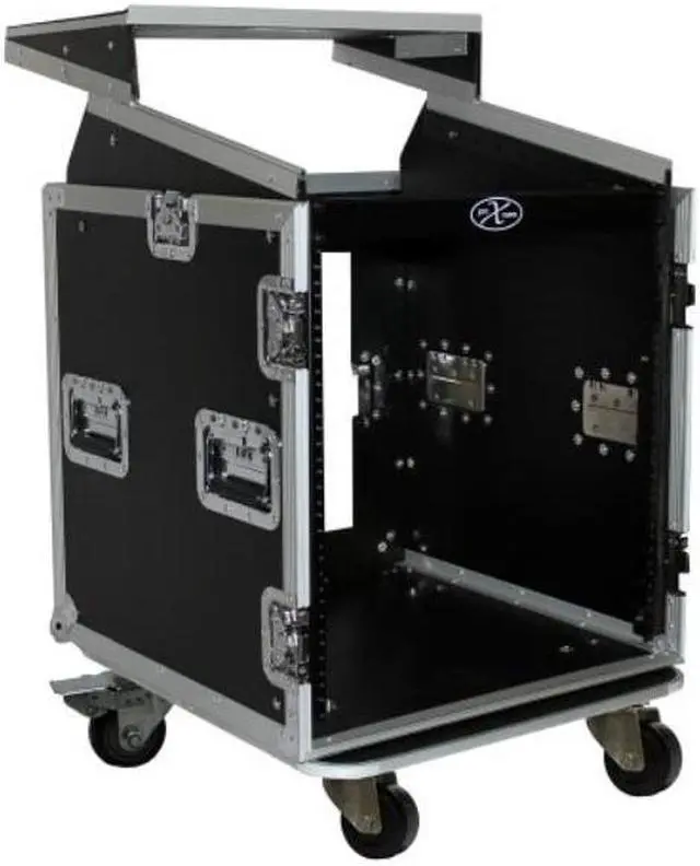 Main image of prox cases t12mrlt 12 space 10u top load slant dj mixer  road gig ready flight combo rack w/gliding laptop shelf