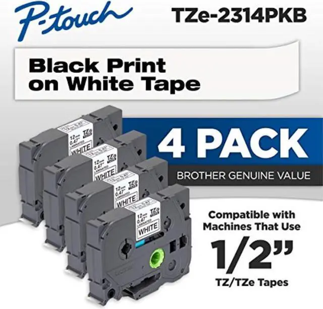 Main image of brother genuine ptouch, tze231 4 pack tape tze2314pkb "0.47" x 26.2 ft. 8m 4pack laminated ptouch tape, black on white, perfect for indoor or outdoor use, water resistant, tze2314pk, tze231