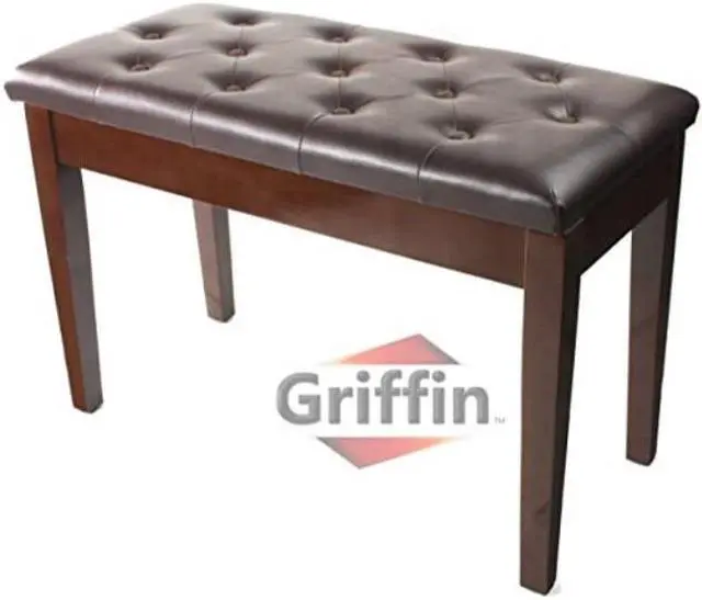 Main image of GRIFFIN Brown Wood PU Leather Piano Bench | Double Vintage Design, Ergonomic Chair Musicians Keyboard Stool | Cushion Duet Seat & Sheet Music Storage Space | For Guitar Stool or Home Vanity Bench