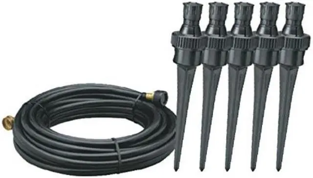 Alt view image 3 of 5 - Nelson 50180 Simple Soaker Flower Watering Sprinkler with 50-Foot Tubing, Five Nozzles with Plastic Spikes, Risers, End