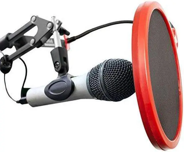 Main image of deco gear universal double layer pop filter microphone wind screen with adjustable goose neck mic stand clip black with red trim