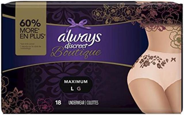 always discreet boutique incontinence & postpartum underwear for women,  disposable, maximum protection, large, 18 count 