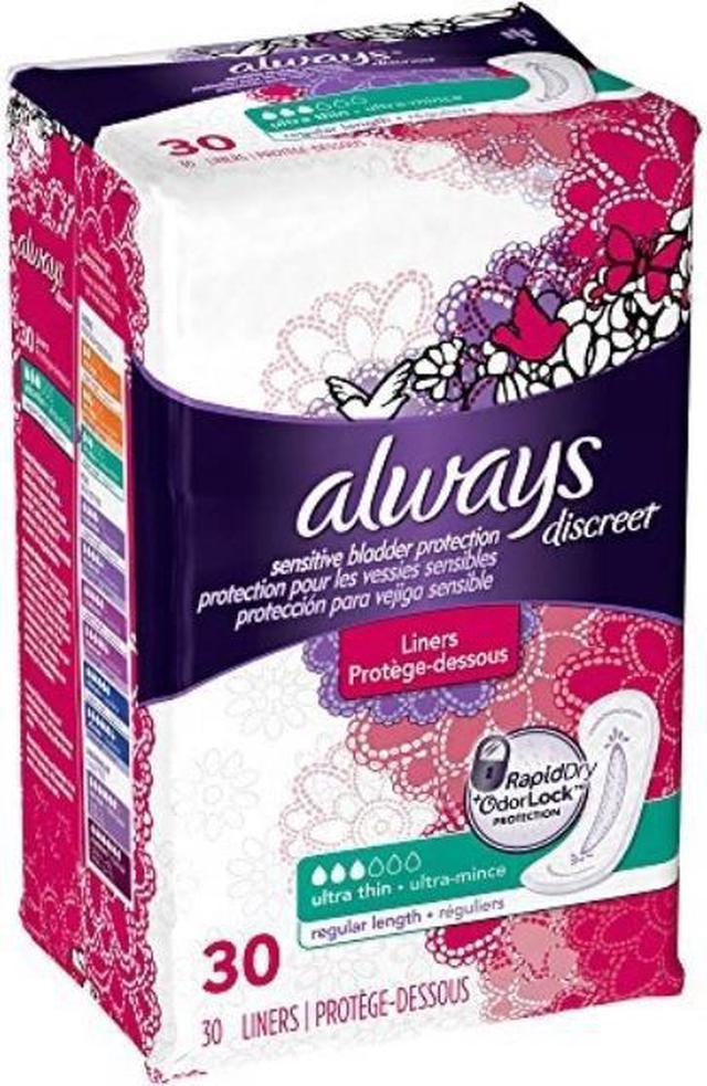 always discreet, incontinence light pads, 3 drops, 30 pads each value pack  of 2 