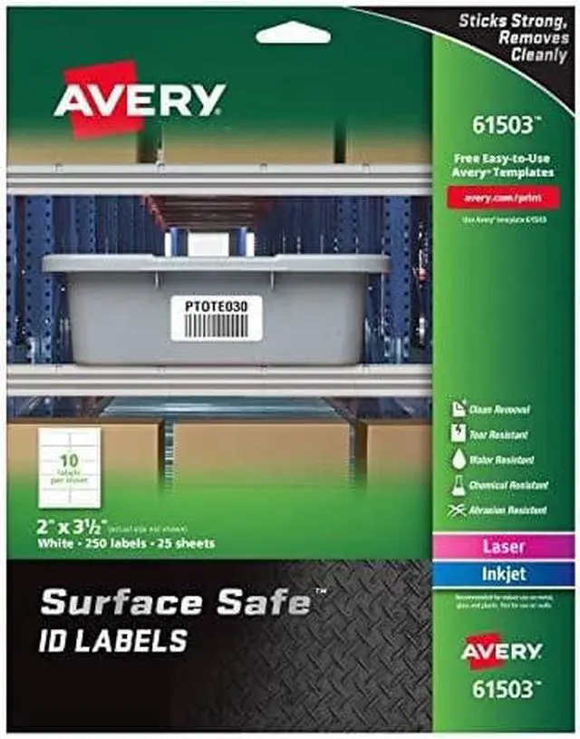 Alt view image 3 of 16 - Avery Surface Safe ID Labels, 2" x 3-1/2", Water Resistant, Matte White, Removable Adhesive, 250 Labels (61503)