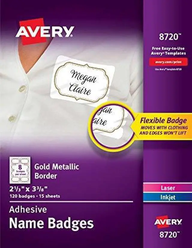 Main image of avery selfadhesive removable name tag labels, gold metallic border, 21/3 x 33/8, 120 badges 8720, gold border