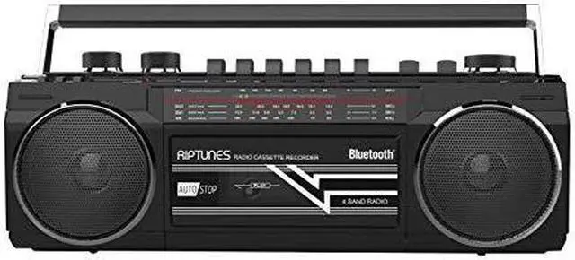 Main image of riptunes cassette boombox, retro blueooth boombox, cassette player and recorder, am/fm/sw1sw2 radio4band radio, usb, sd, and aux in, black
