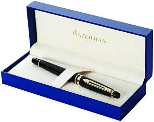 Main image of waterman expert fountain pen, gloss black with 23k gold trim, fine nib with blue ink cartridge, gift box