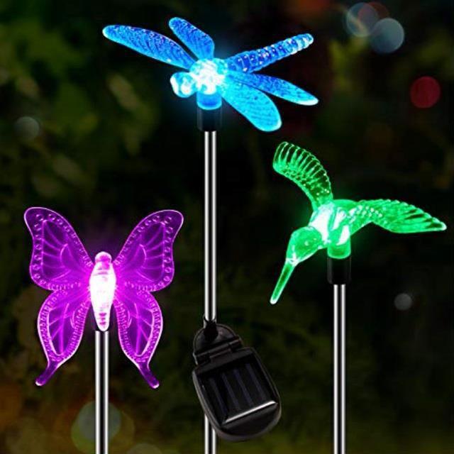 oxyled solar garden lights, 3 pack solar garden stake light, multicolor  changing solar powered decorative landscape lighting hummingbird butterfly  dragonfly for outdoor path, yard, lawn, patio 