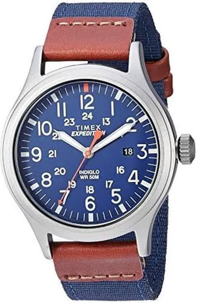 Alt view image 2 of 4 - Timex Men's Expedition Scout Navy Blue Nylon Strap with Brown Leather Trim Watch - TW4B14100