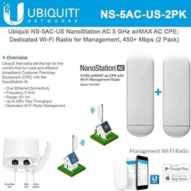 Main image of nanostation ac ns5acus 5 ghz airmax ac cpe dedicated wifi radio for management 450+ mbps 2 pack