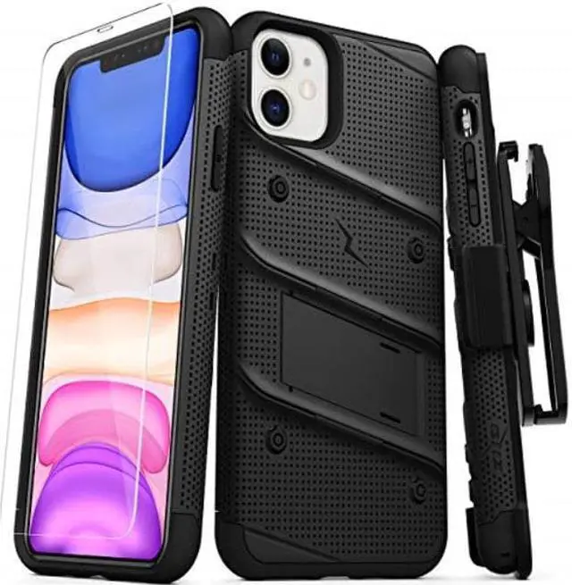 Alt view image 8 of 15 - ZIZO BOLT Series iPhone 11 Case - Heavy-duty Military-grade Drop Protection w/ Kickstand Included Belt Clip Holster Tempered Glass Lanyard - Black