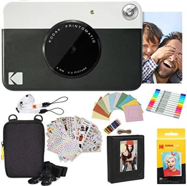 Main image of kodak printomatic instant camera black gift bundle + zink paper 20 sheets + deluxe case + 7 fun sticker sets + twin tip markers + photo album + hanging frames + comfortable neck strap