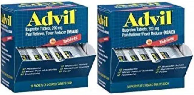 Main image of advil 100 packets of 2 capsules pain reliever/fever reducer coated tablet, individually sealed, 200mg ibuprofen, temporary pain relief, travel pack, greeting cards included