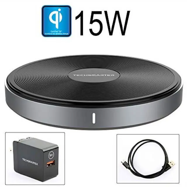 Alt view image 2 of 8 - Techsmarter 15W Fast Charging Wireless Charger Pad, Qi Certified. Compatible with Apple iPhone 13, 12, 11, X, XR, XS, 8 Samsung Galaxy S21, S20, S10, S9, Note, LG V30, V35, V40, G7,G8