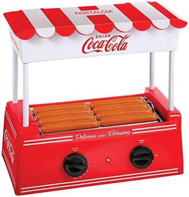 Main image of nostalgia hdr8ck cocacola hot dog warmer 8 regular sized, 4 foot long and 6 bun capacity, stainless steel rollers, perfect for breakfast sausages, brats, taquitos, egg rolls