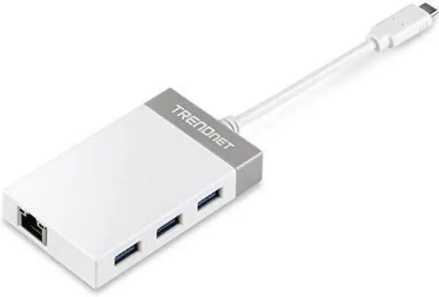 Main image of TRENDnet USB C to Ethernet Gigabit Adapter, TUC-ETGH3, Compact USB Type C Hub, 3 x USB 3.0 Ports, 1 x RJ-45 Gigabit Ethernet Port, Windows and Mac Compatible, White