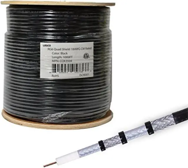 Alt view image 5 of 11 - RG6 Quad Shield Coaxial Cable 18 AWG 1000ft Bulk Coax Satellite TV Black