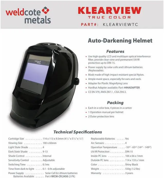 Alt view image 4 of 4 - Weldcote Metals Klear-View True Color Auto Darkening Welding Helmet, Black