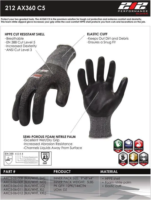 Alt view image 5 of 6 - 212 Performance AXC5-06-012 AX360 Foam Nitrile-dipped Cut Resistant Gloves (EN Level 5, ANSI A3), XX-Large, 12-Pair