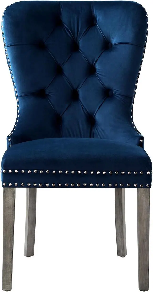 Alt view image 3 of 7 - Duncan Navy Blue Velvet Dining Chair - Set of 2 | Tufted | Ring Handle | Chrome Nailhead Trim