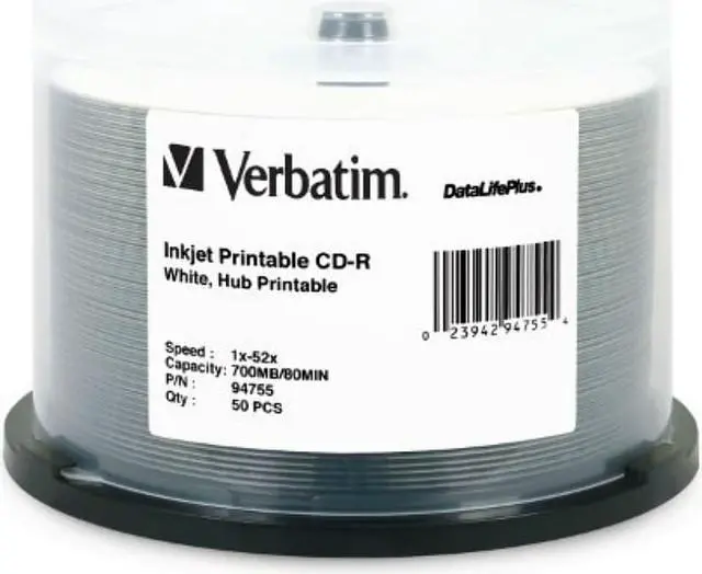 Alt view image 2 of 2 - Verbatim D55969W Verbatim 700 MB 52x 80 Minute DataLifePlus White Inkjet and Hub Printable Recordable Disc CD-R, 50-Disc Spindle 94755