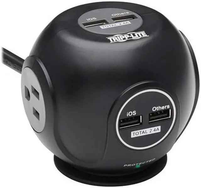 Alt view image 10 of 10 - Tripp Lite 3-Outlets 4 USB Spherical Surge Protector Black TLP36USB