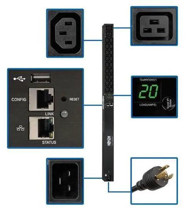 Alt view image 11 of 13 - Tripp Lite 3.3 / 3.7 kW Single-Phase Monitored PDU, LX Platform Interface, 208 / 230V Outlets (18 x C13 / 2 x C19), C20/L6-20P, 0U 35.5", TAA (PDUMNV20HV2LX)