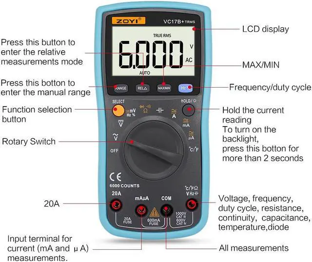 Alt view image 2 of 5 - ZOYI Auto-range Digital Display Multimeter True RMS Digital Multimeter 6000 Counts VC17B+ BZ
