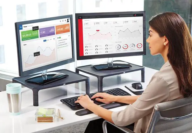 Alt view image 9 of 20 - 3M MS85B Adjustable Monitor Stand for Monitors and Laptops, Height Adjusts from 1.7 in to 5.5 in, Black