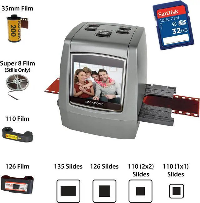Alt view image 2 of 10 - Magnasonic All-In-One High Resolution 24MP Film Scanner, Vibrant 2.4" LCD Screen, Converts 126KPK/135/110/super 8 Film, Slides & Negatives into Digital Photos, with Bonus 32GB SD Card (FS50)