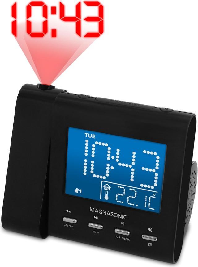 Alt view image 8 of 12 - Magnasonic Projection Alarm Clock with AM/FM Radio, Battery Backup, Auto Time Set, Dual Alarm, Nap/Sleep Timer, Indoor Temperature/Date Display with Dimming & 3.5mm Audio Input - Black (EAAC601)