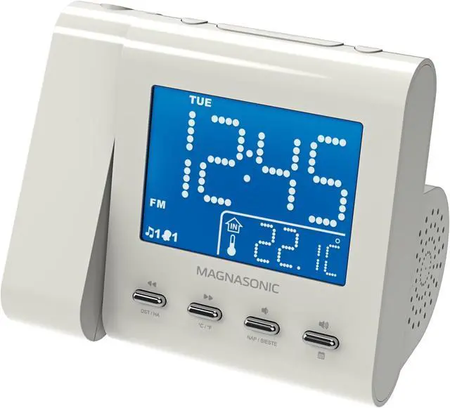 Alt view image 8 of 13 - Magnasonic Projection Alarm Clock with AM/FM Radio, Battery Backup, Auto Time Set, Dual Alarm, Nap/Sleep Timer, Indoor Temperature/ Date Display with Dimming & 3.5mm Audio Input - White (EAAC601W)