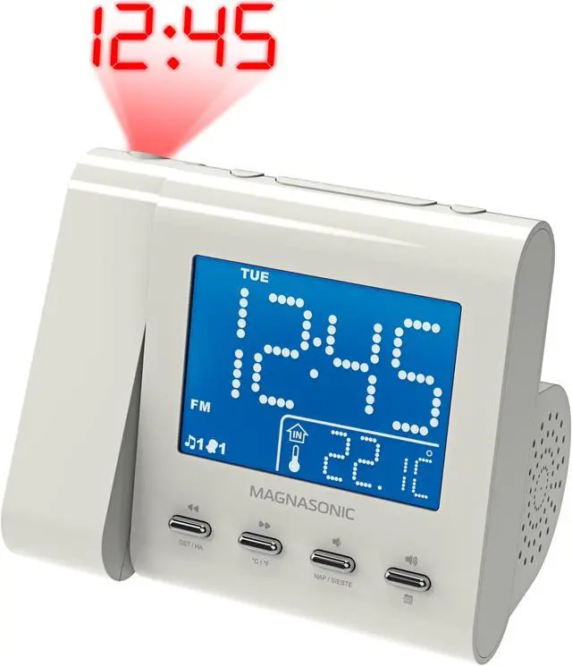 Alt view image 9 of 13 - Magnasonic Projection Alarm Clock with AM/FM Radio, Battery Backup, Auto Time Set, Dual Alarm, Nap/Sleep Timer, Indoor Temperature/ Date Display with Dimming & 3.5mm Audio Input - White (EAAC601W)