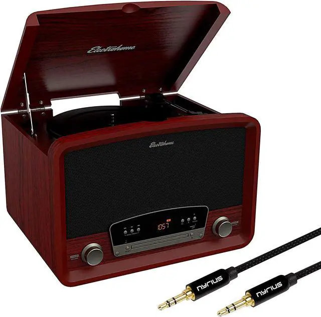 Main image of Electrohome Kingston 7-in-1 Vintage Vinyl Record Player Stereo System with 3-Speed Turntable, Bluetooth, AM/FM Radio, CD, Aux In, RCA/Headphone Out with Bonus 3.5mm Aux Cable (RR75C)