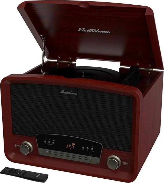Alt view image 3 of 6 - Electrohome Kingston 7-in-1 Vintage Vinyl Record Player Stereo System with 3-Speed Turntable, Bluetooth, AM/FM Radio, CD, Aux In, RCA/Headphone Out with 1 Year Extended Warranty (RR75C)